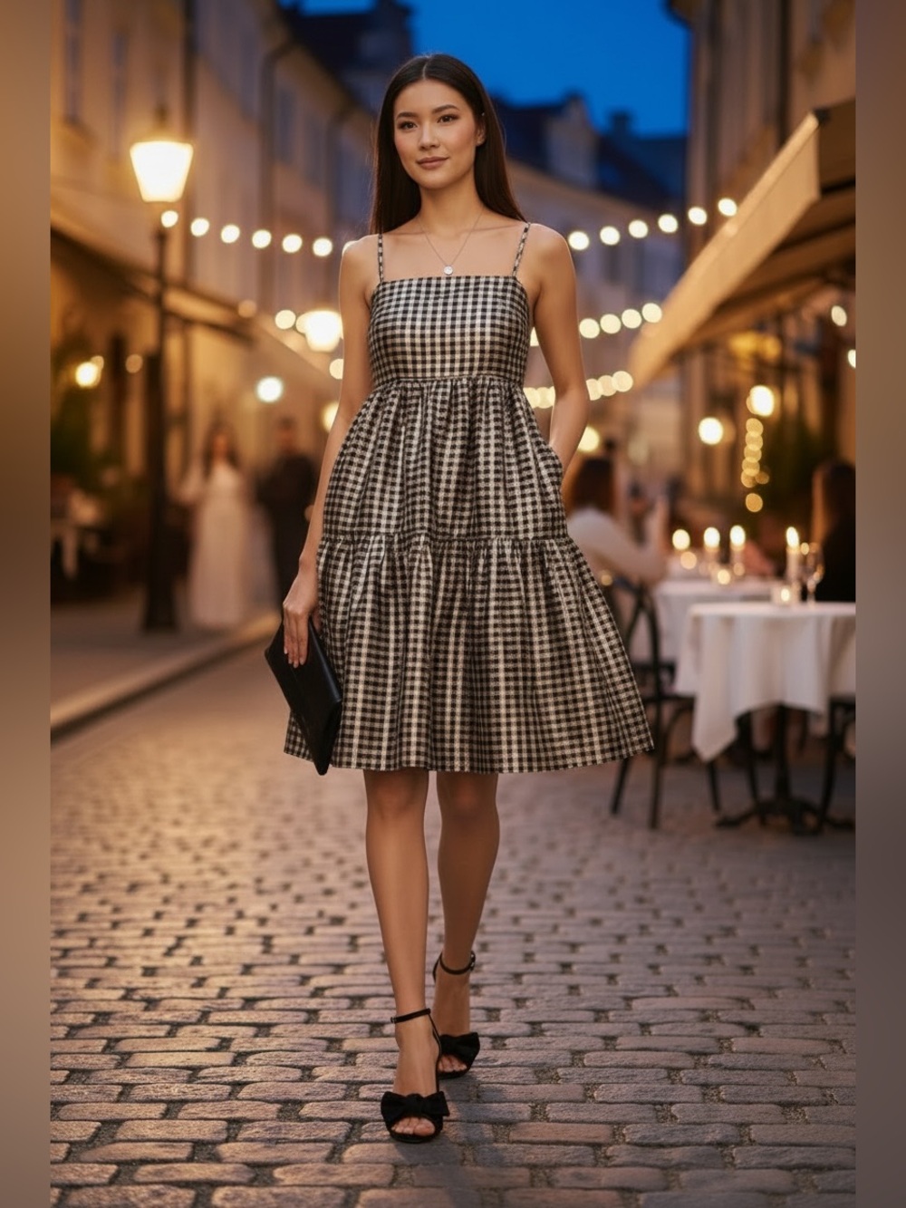 J. Crew Gold and Black Gingham Tiered Sundress